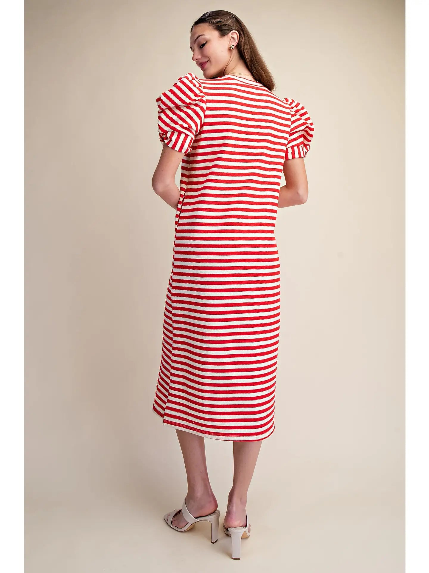Comfortable Midi Dress Round Neck Puff Short Sleeve Glam