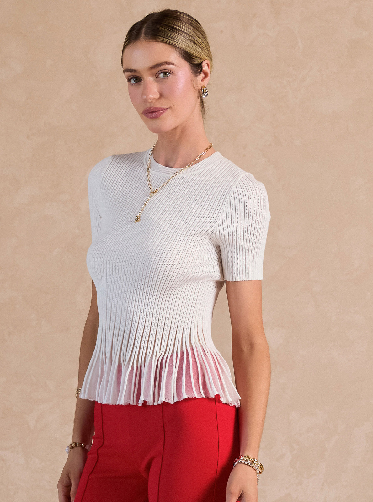 Short Sleeve Sweater Sheer Peplum Top Current Air