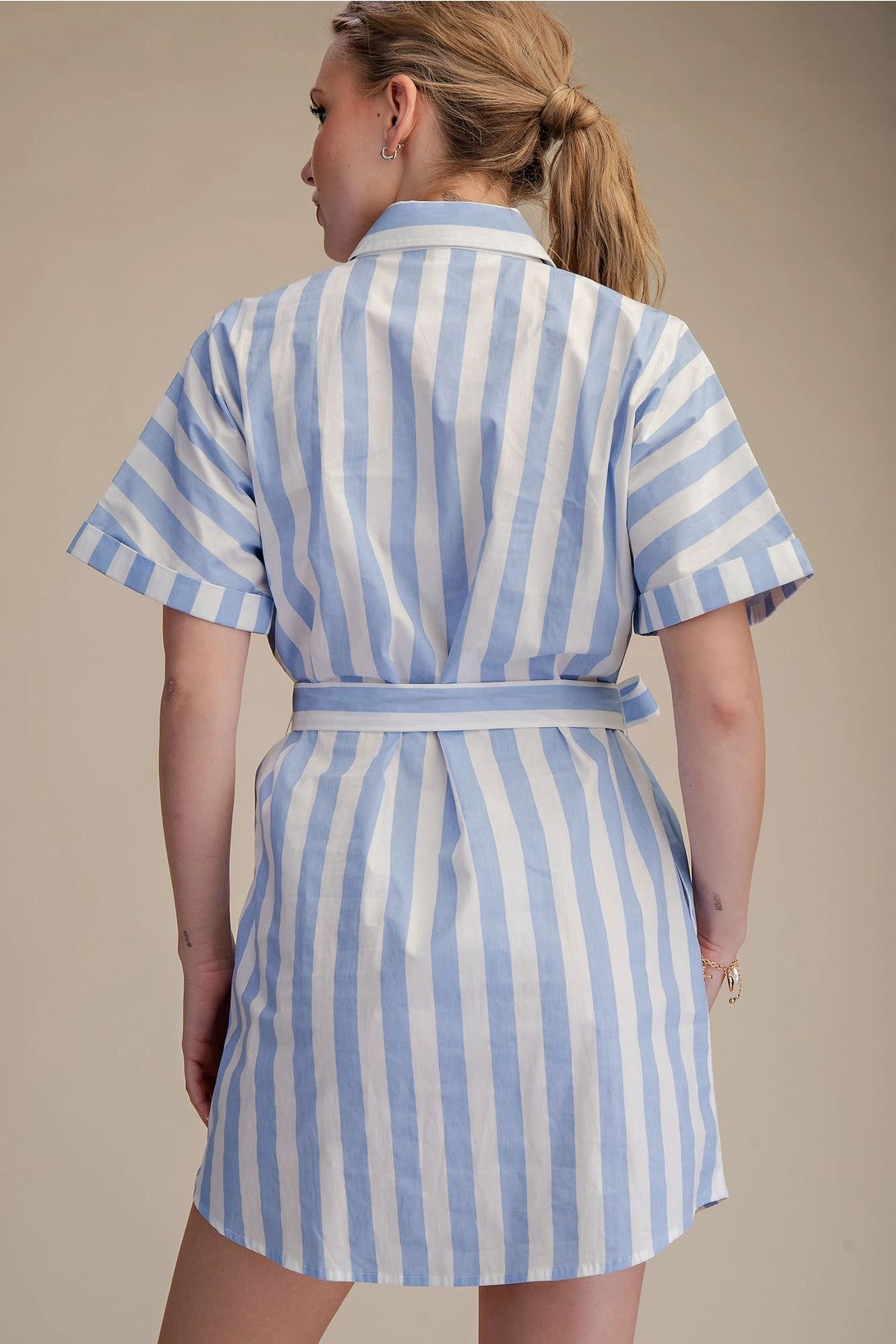 Collar Neck Button-Up Shirts Waist Tie Mini Dress Glam