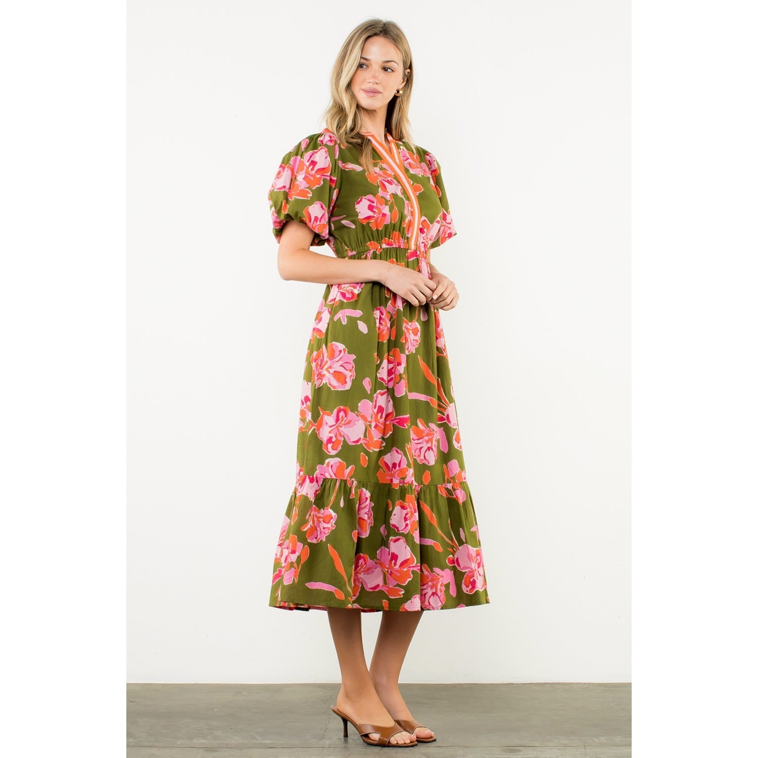 Puff Sleeve Flower Print Dress THML