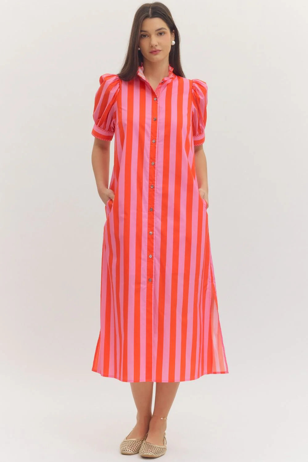Ruffle Mock Neck Midi Dress Entro