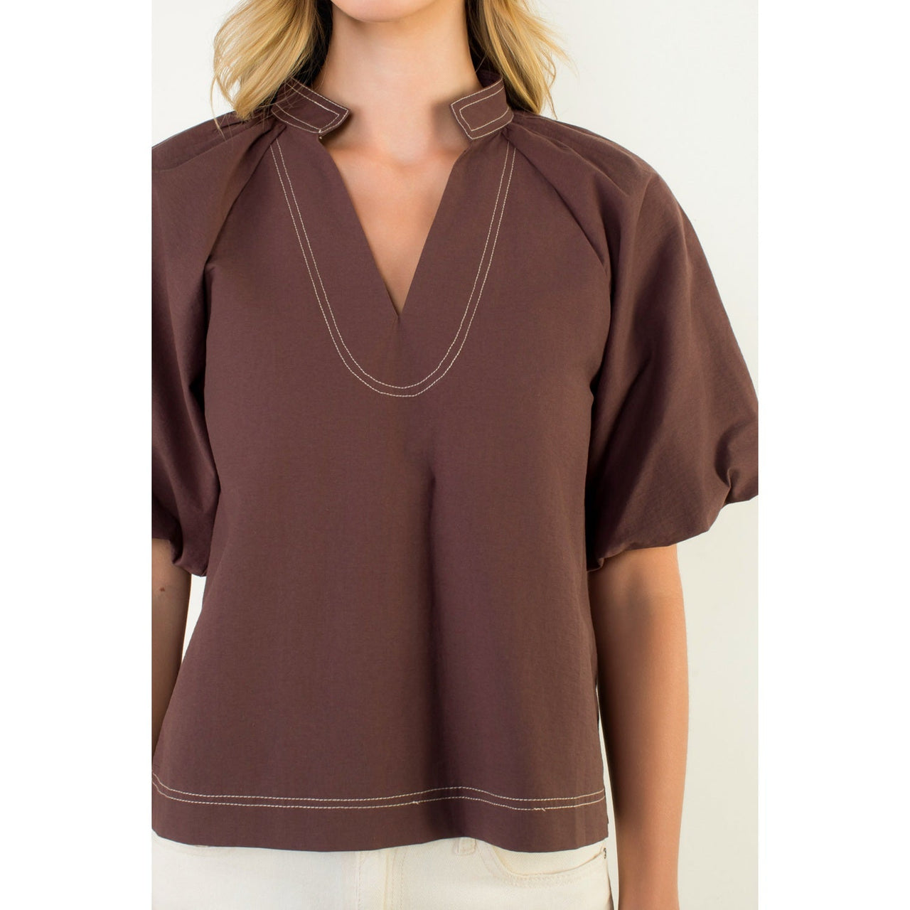 Contrast Stitch Puff Sleeve V-Neck Top THML