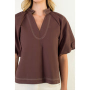 Contrast Stitch Puff Sleeve V-Neck Top THML