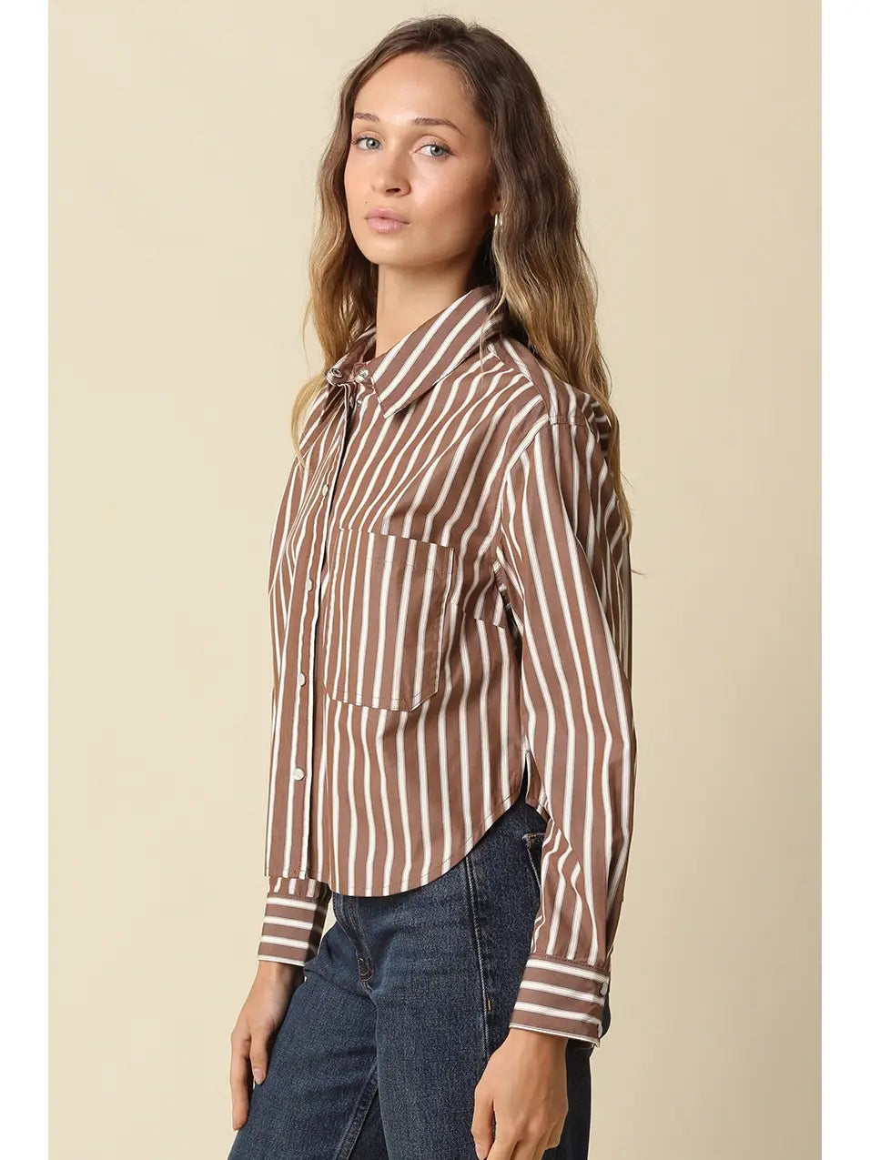 Leah Stripe Button-Up Shirt Olivaceous
