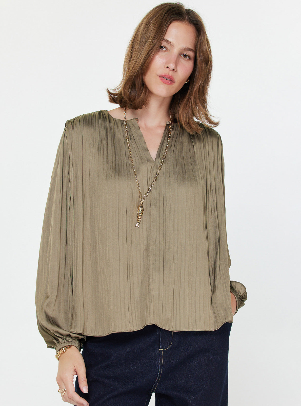 Pleated Long Sleeve Blouse Current Air