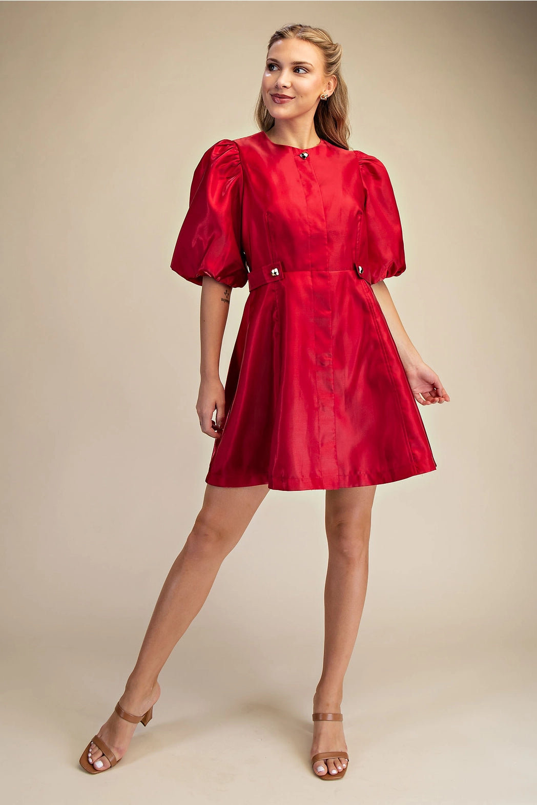 Collar Neck Puff Sleeve Waist Detail Shiny Mini Dress Glam