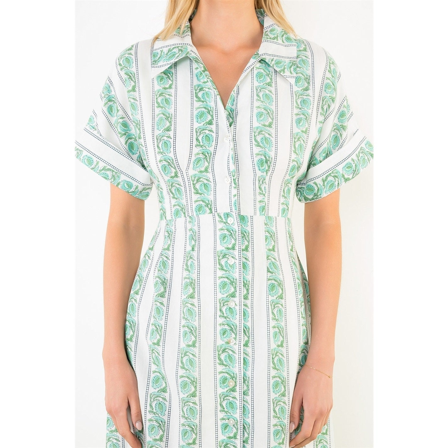 Short Sleeve Pattern Detail Button Down Dress THML