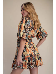 Floral Mini Dress Puff-Sleeve Button-Front with Belt Glam