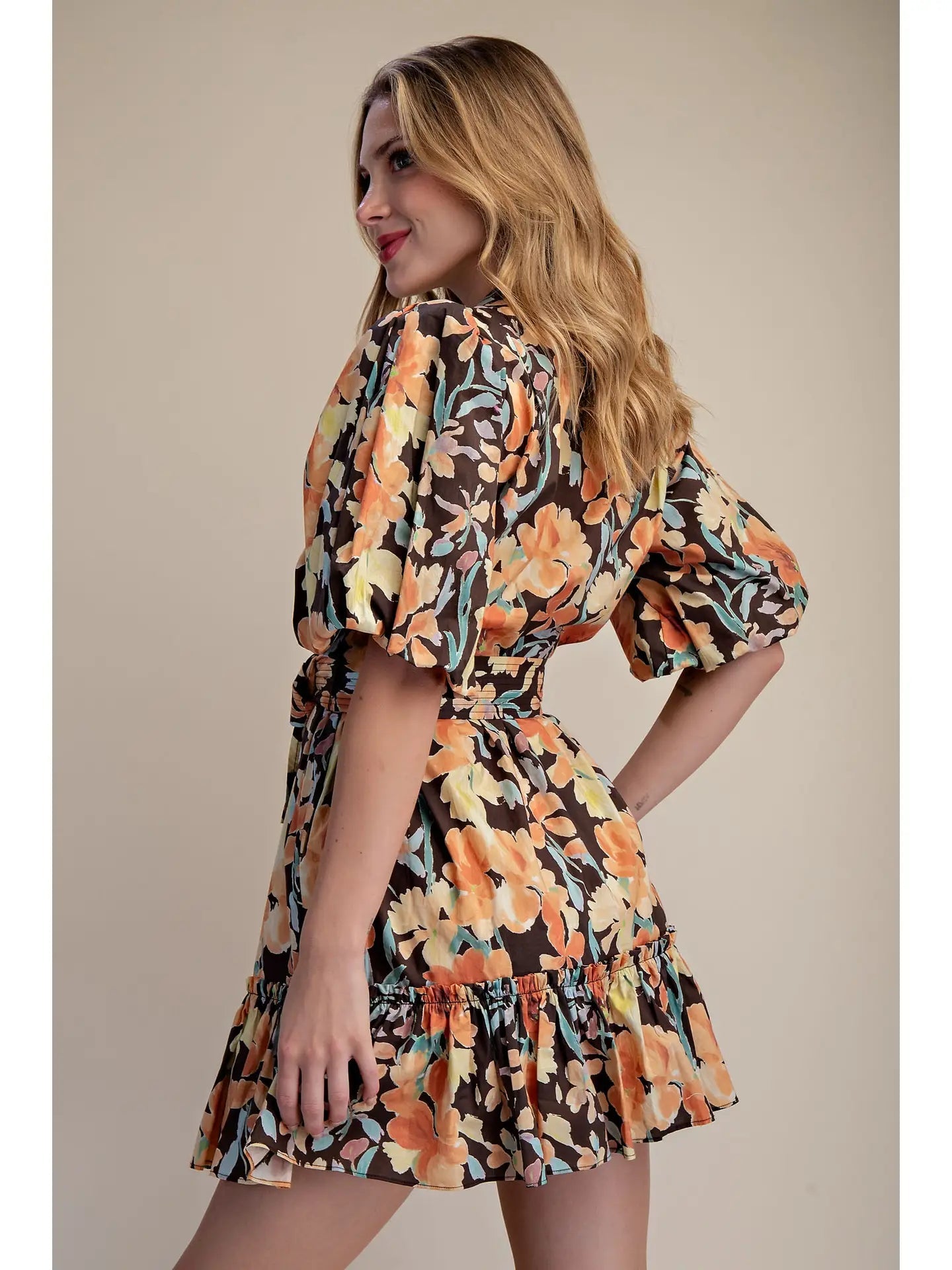 Floral Mini Dress Puff-Sleeve Button-Front with Belt Glam