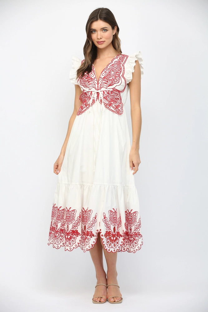 Cut-Out Embroidered Detail V-Neckline Flutter Sleeve Maxi Dress Fate