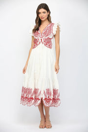 Cut-Out Embroidered Detail V-Neckline Flutter Sleeve Maxi Dress Fate