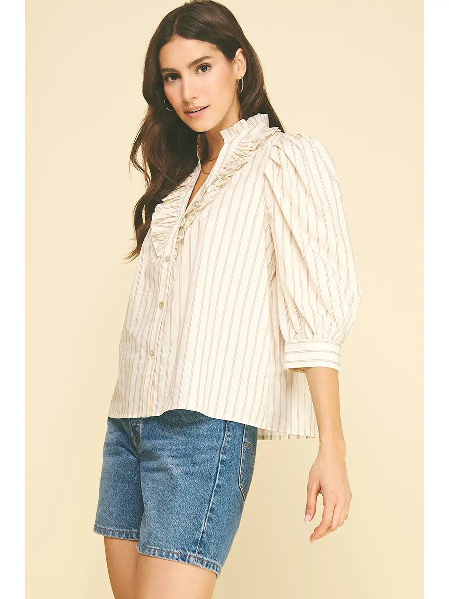 Striped Ruffled Collar Puff Sleeve Blouse Pinch