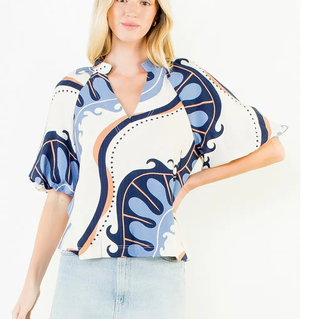 Abstract Print Top with Puff Sleeves THML