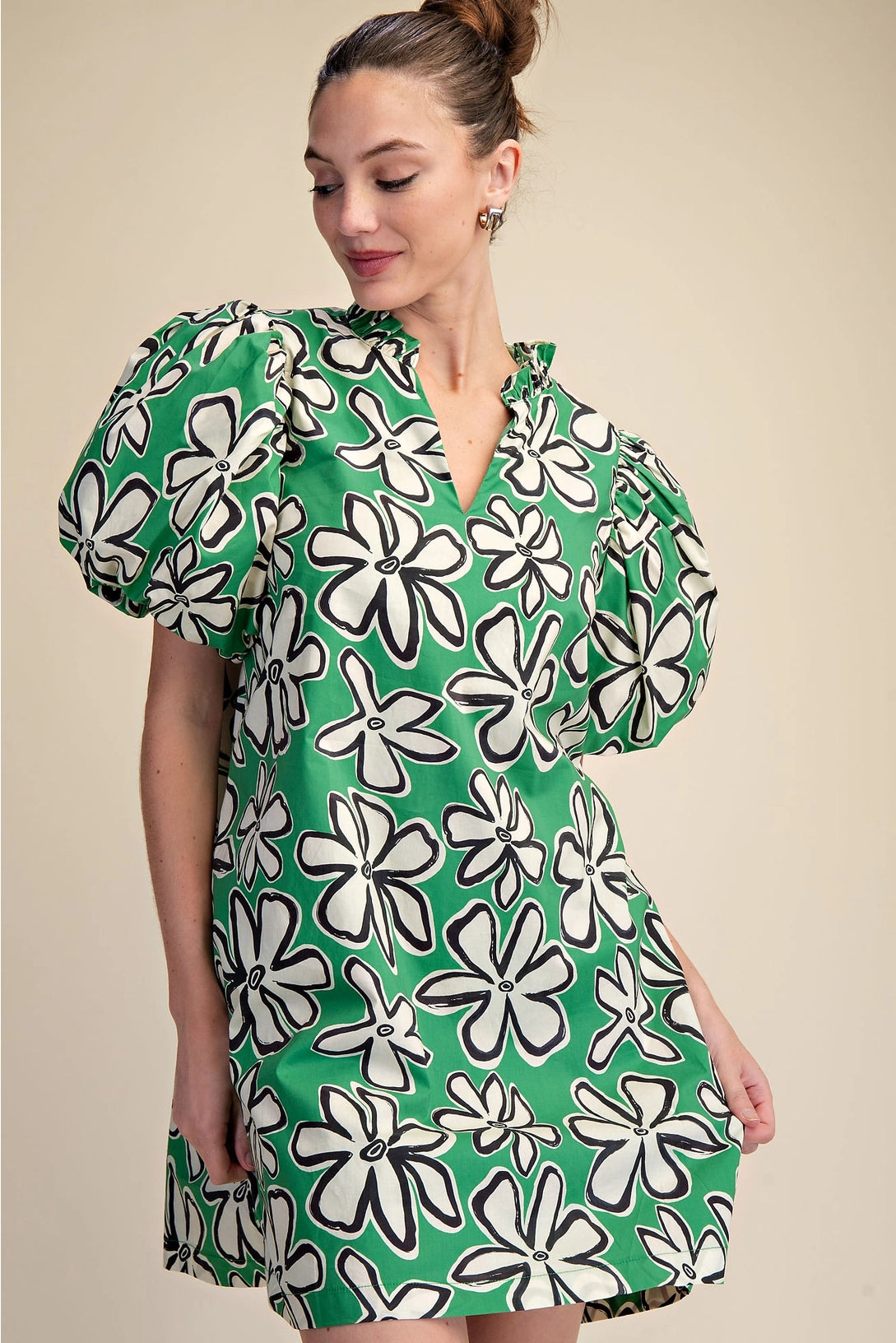 Ruffle Neck Puff Sleeve Floral Mini Dress Glam