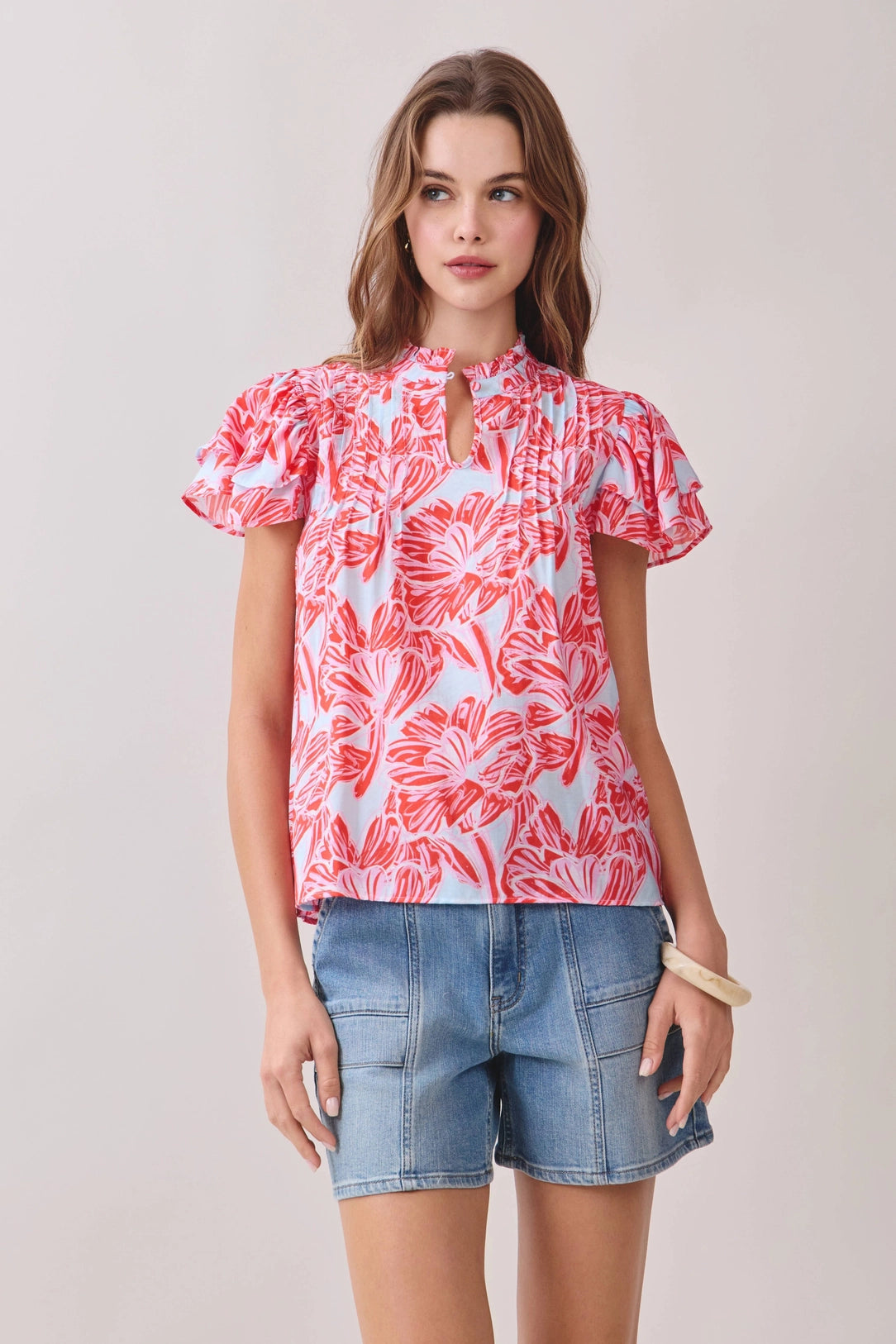 Floral Print Layered Ruffle Sleeves Split Neck Top TCEC