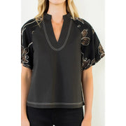 Puff Sleeve with Embroidery Detail Top THML