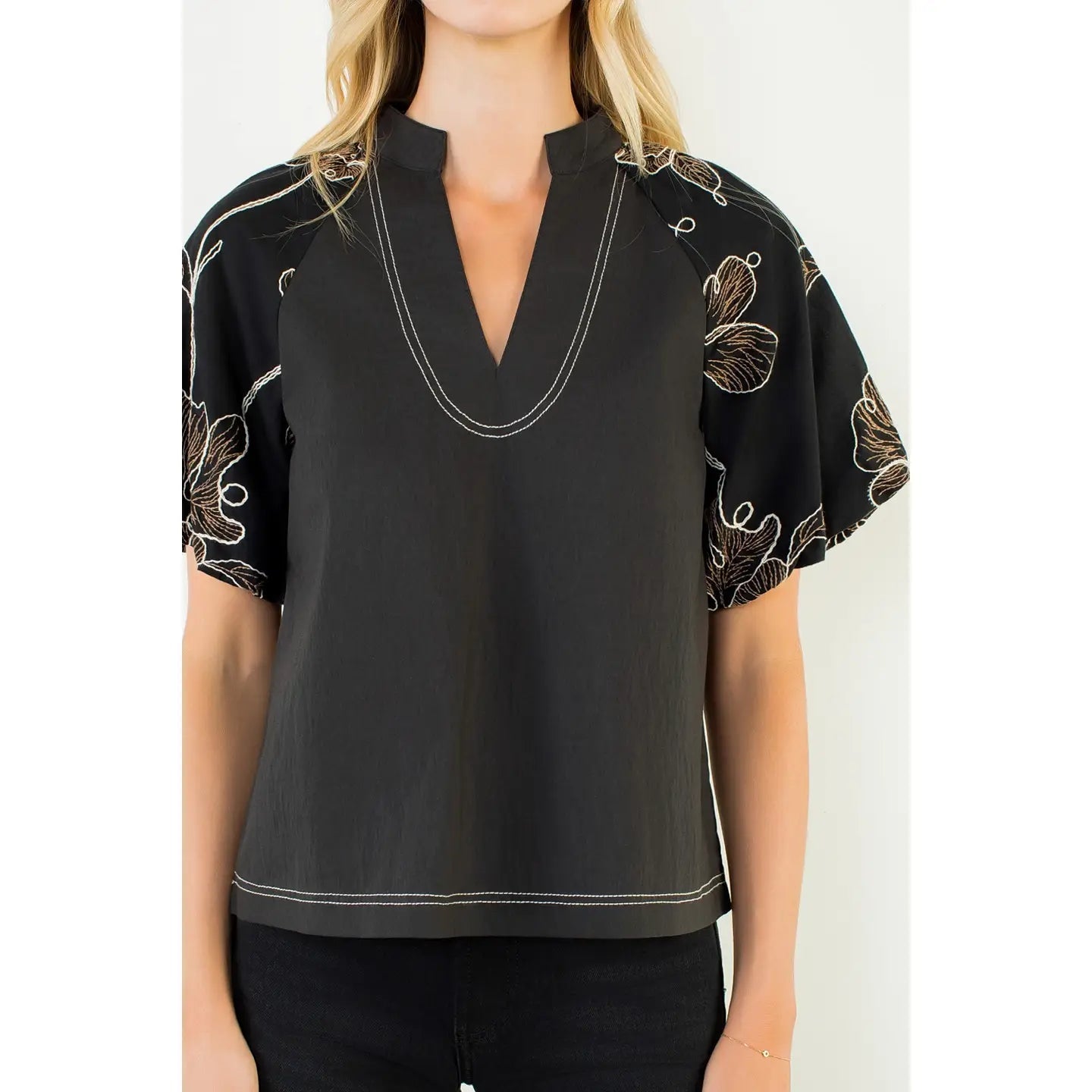 Puff Sleeve with Embroidery Detail Top THML