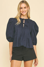 Puffed Sleeve Tie Front Top Pinch