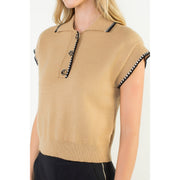 Contrast Trim Collared Button Knit Top THML