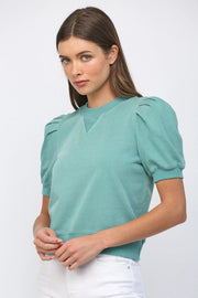 Short Pleated Bubble Sleeve Crew Neck Top Fate