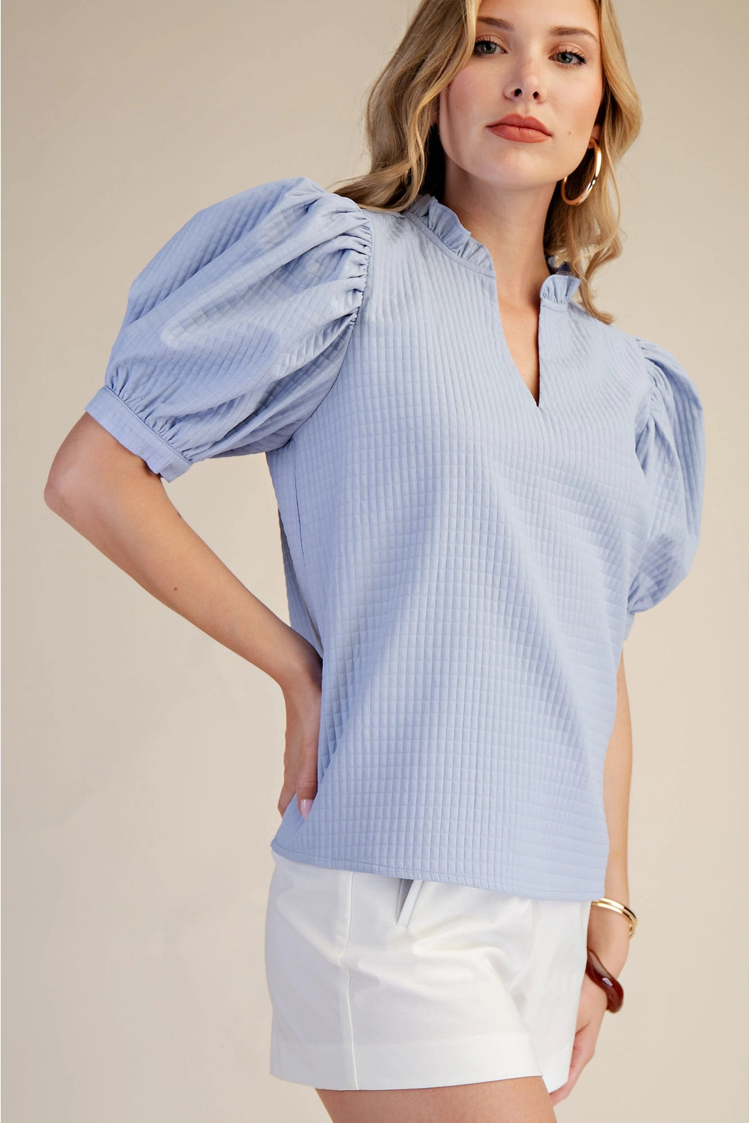 Ruffle V-Neck Puff Sleeve Top Glam