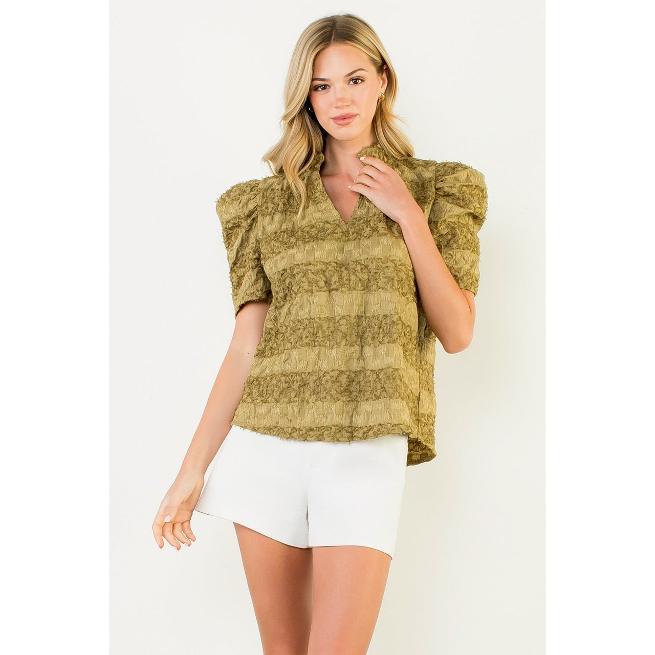 Textured Puff Sleeve Split Neck Top THML