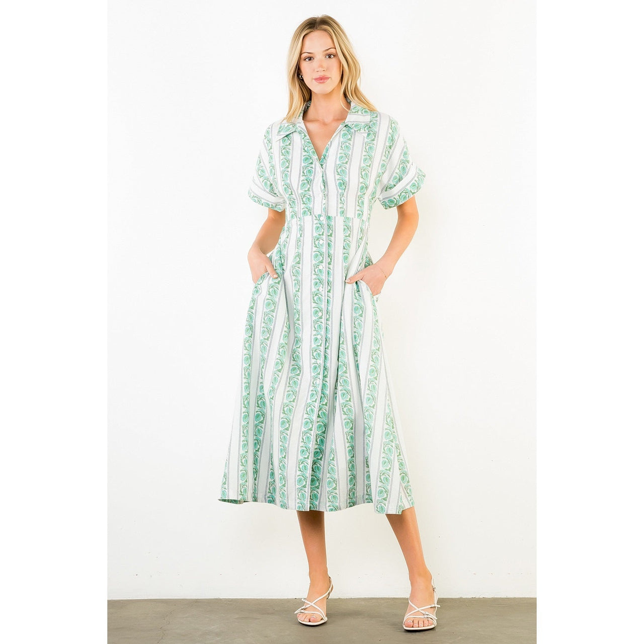 Short Sleeve Pattern Detail Button Down Dress THML