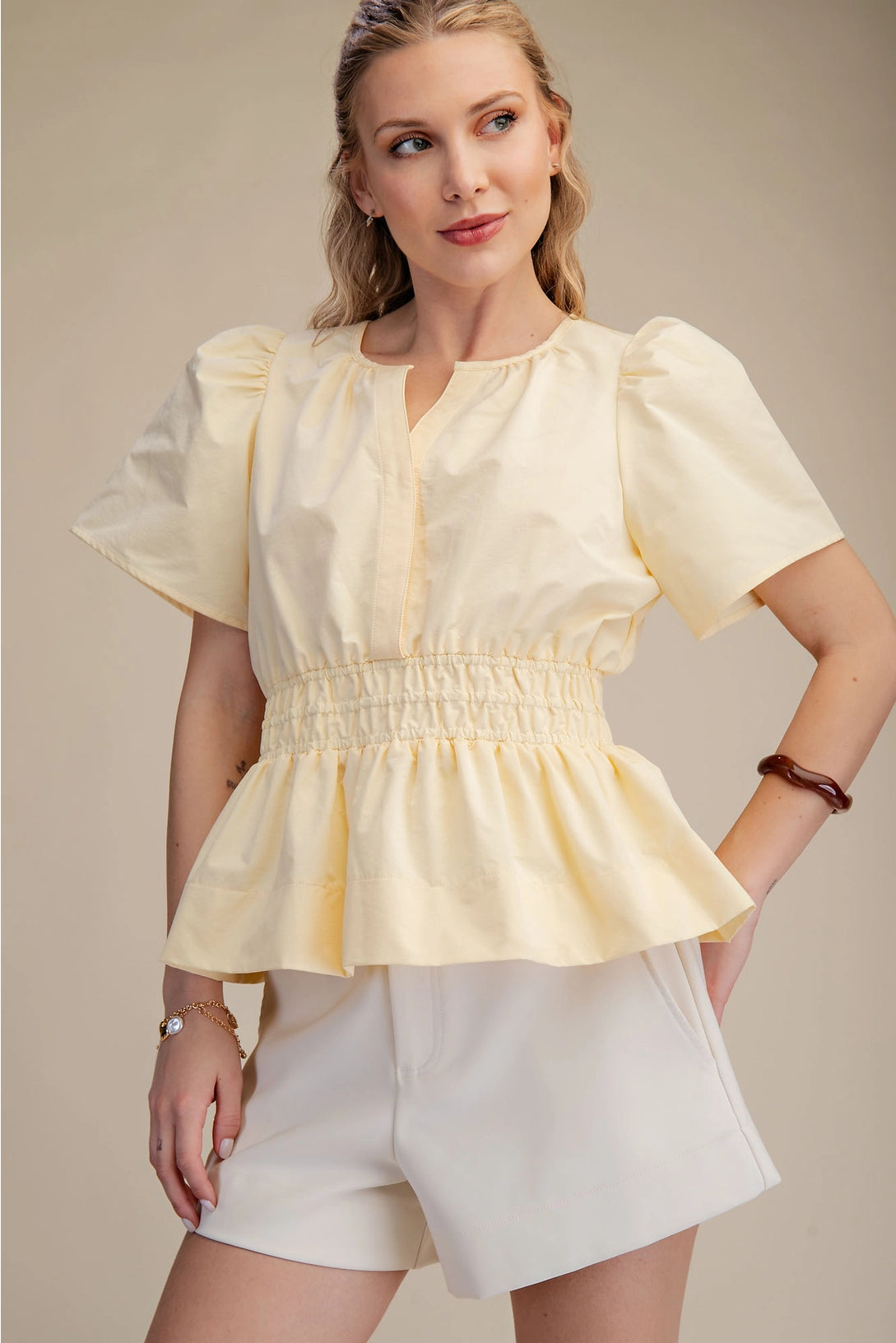 Waist Smocking Detail Flare Shirt Top Glam