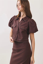 Contrast Stitch Puff Sleeve Cropped Top TCEC