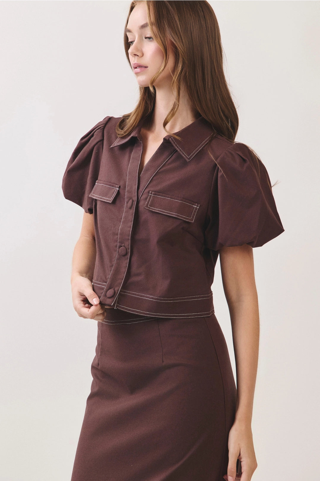 Contrast Stitch Puff Sleeve Cropped Top TCEC