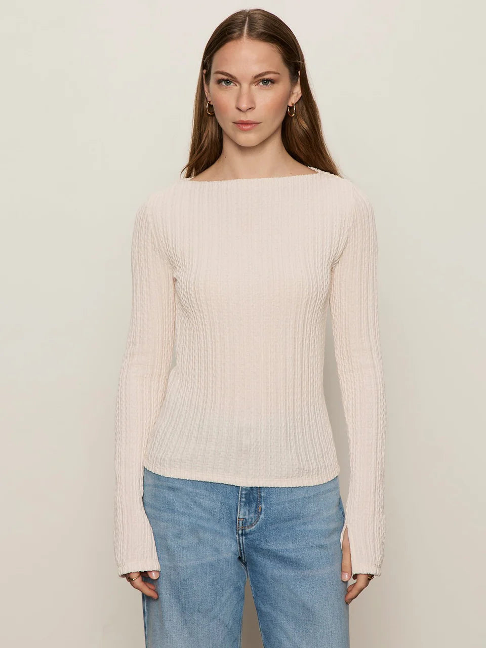 Long Sleeve Boatneck Textured Top