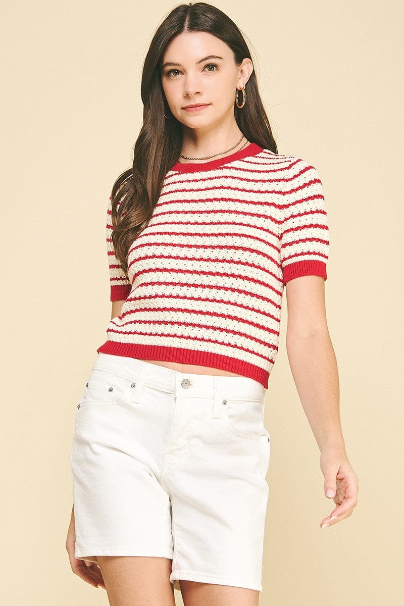 Stripe Textured Short Sleeve Sweater