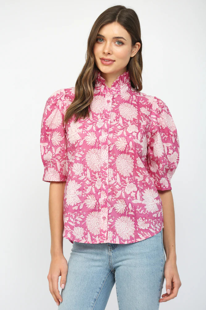 Penny Puff Short Sleeve Button Down Top Fate