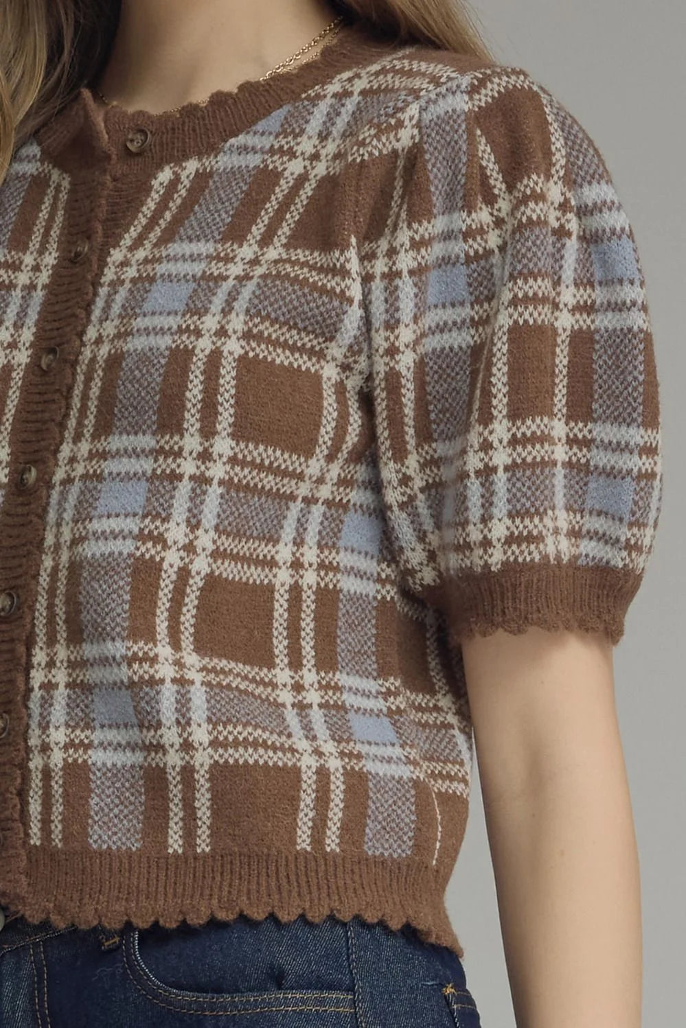 Plaid Puff Sleeve Knit Cardigan Entro