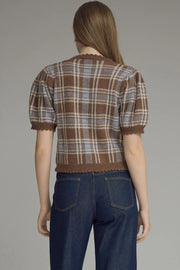 Plaid Puff Sleeve Knit Cardigan Entro