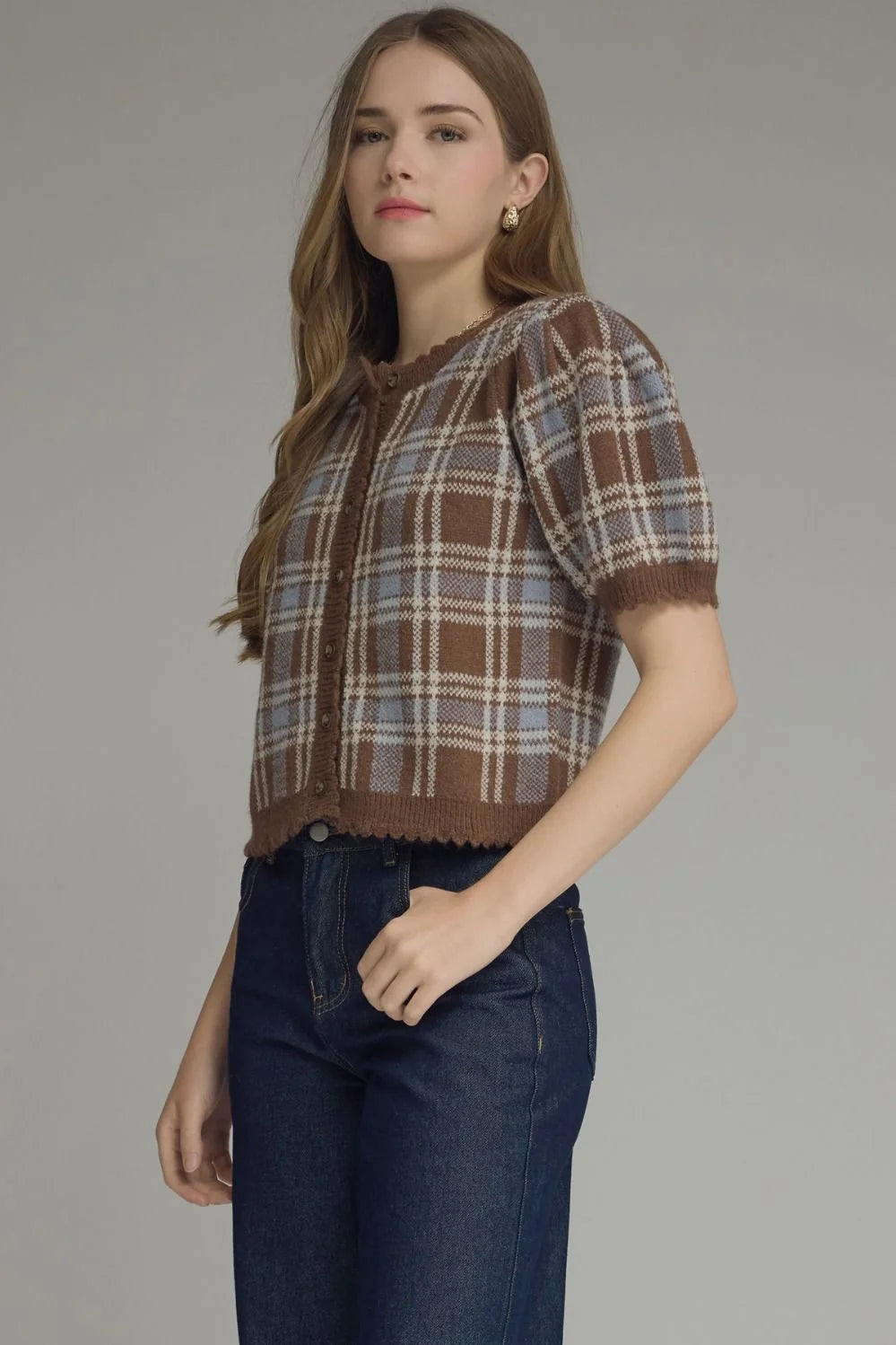 Plaid Puff Sleeve Knit Cardigan Entro