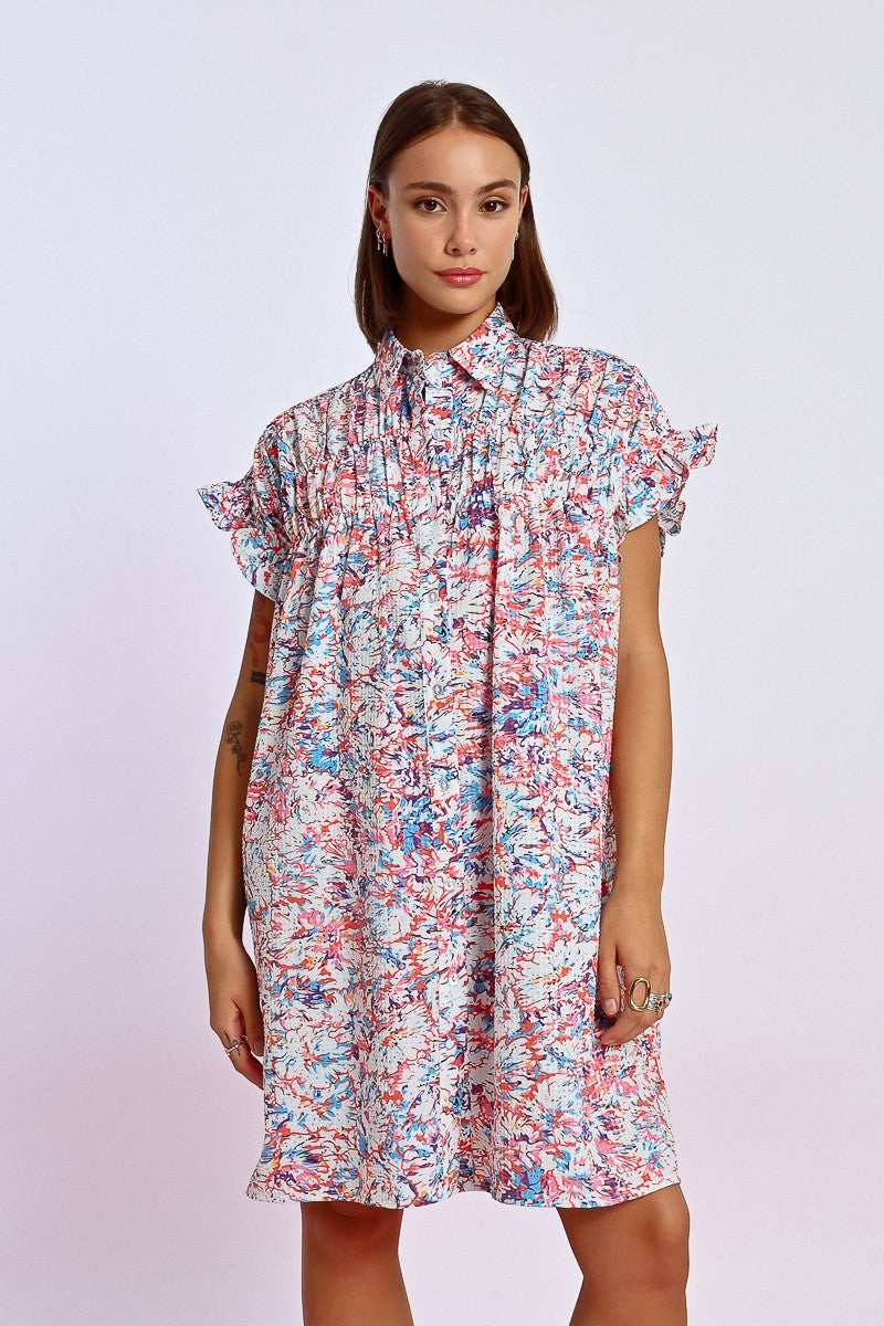 Printed and Gathered Shirt Dress