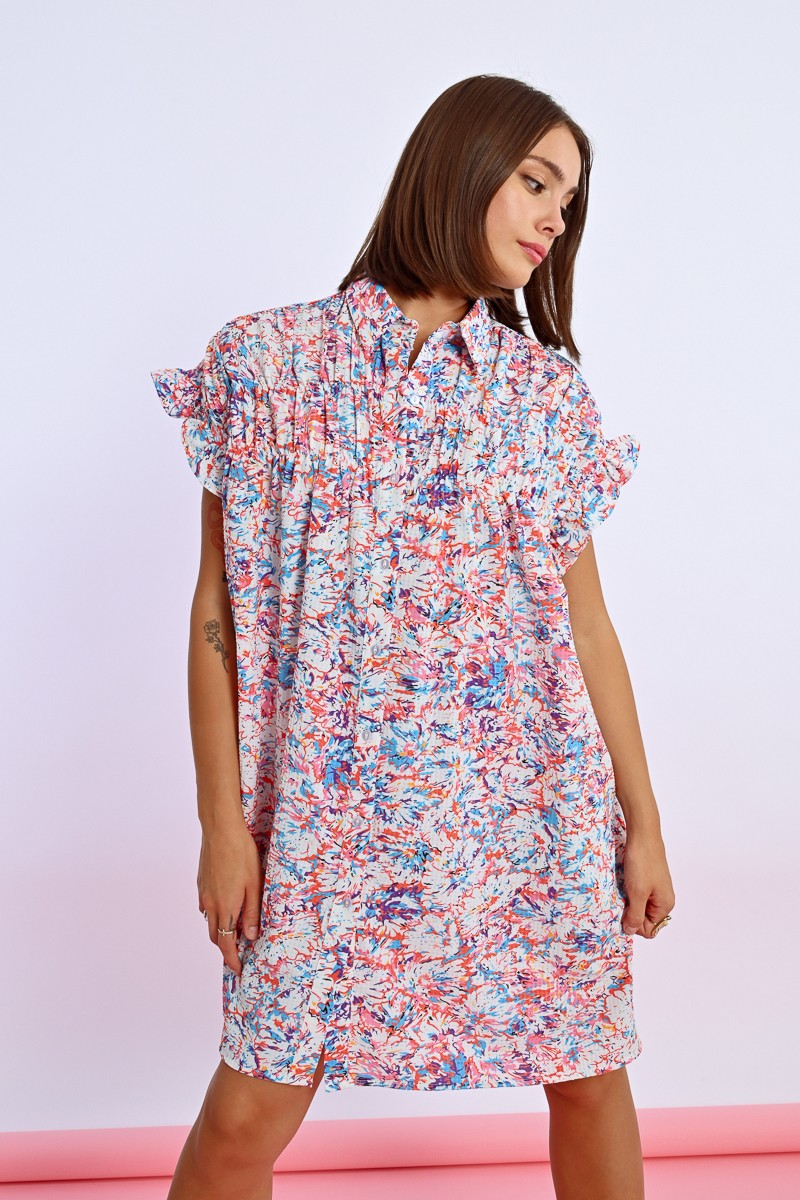 Printed and Gathered Shirt Dress