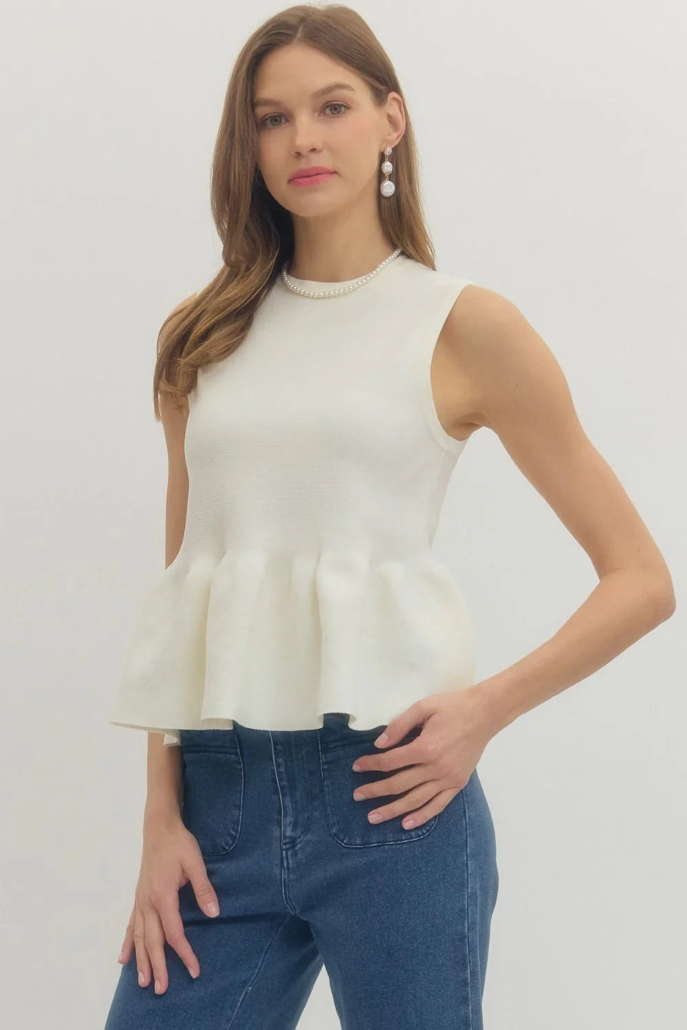 Ribbed Knit Sleeveless Peplum Top Entro