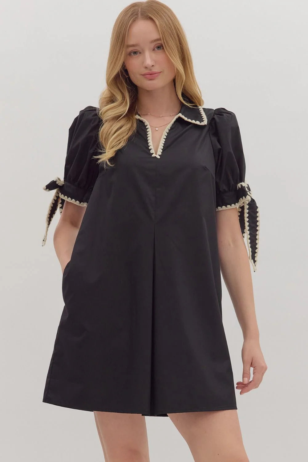 Scallop Trim Puff Sleeve Mini Dress Entro