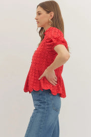 Solid Eyelet Puff Sleeve Scallop Hem Top Entro
