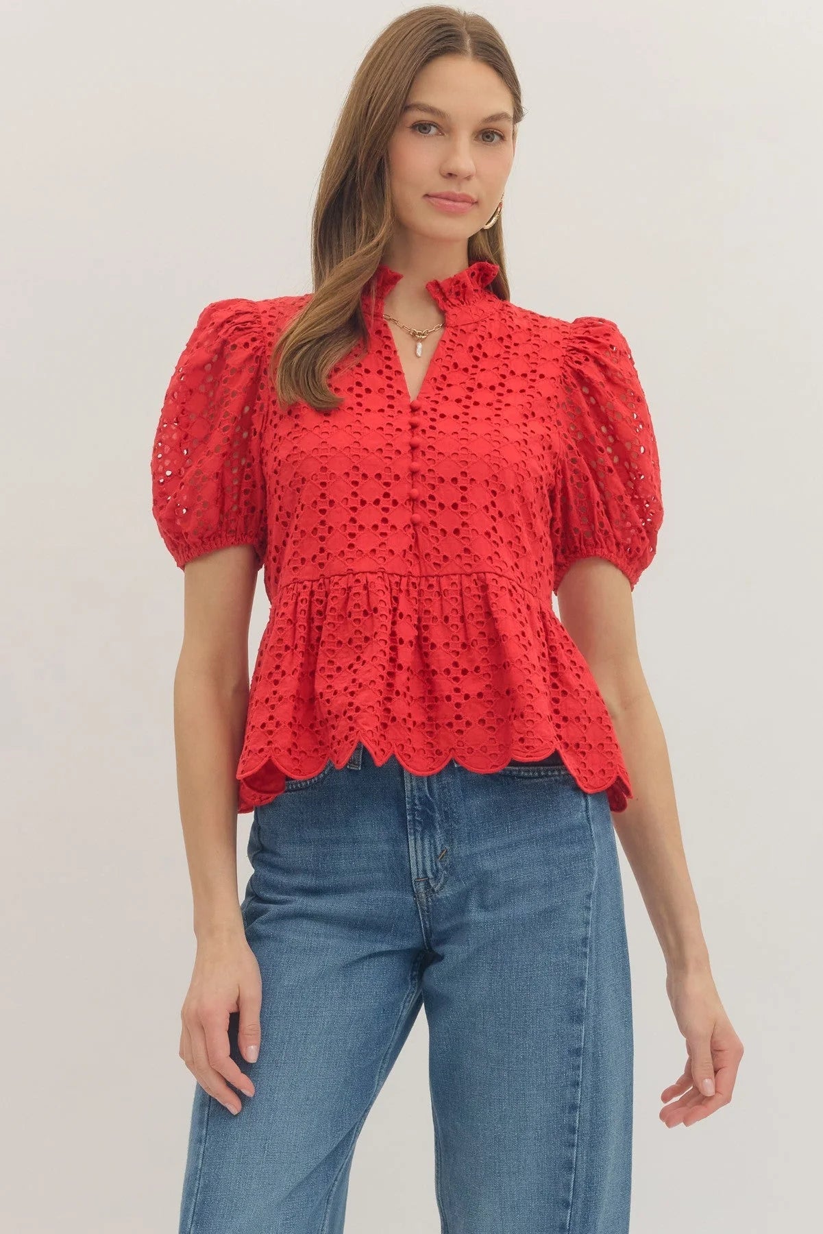 Solid Eyelet Puff Sleeve Scallop Hem Top Entro