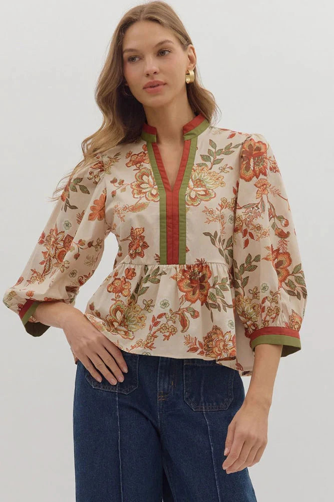 Botanical Print Peplum Top Entro