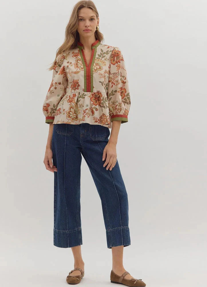 Botanical Print Peplum Top Entro