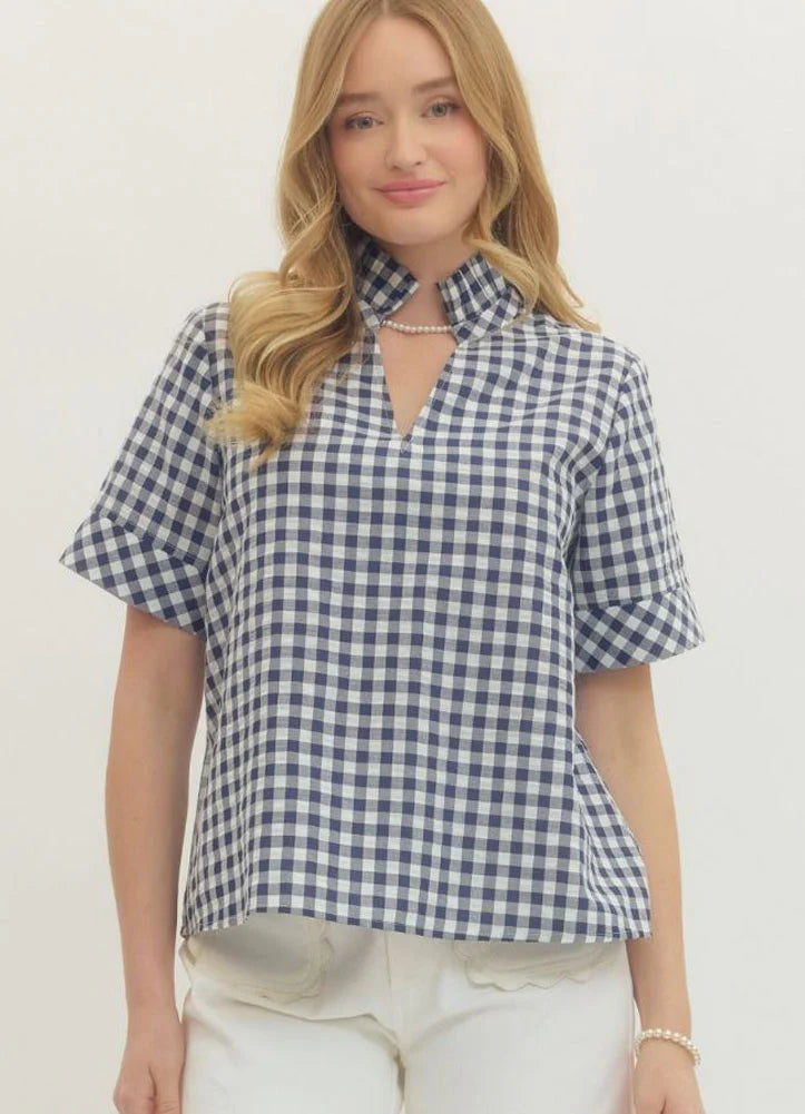 Gingham SS V Neck Top Entro