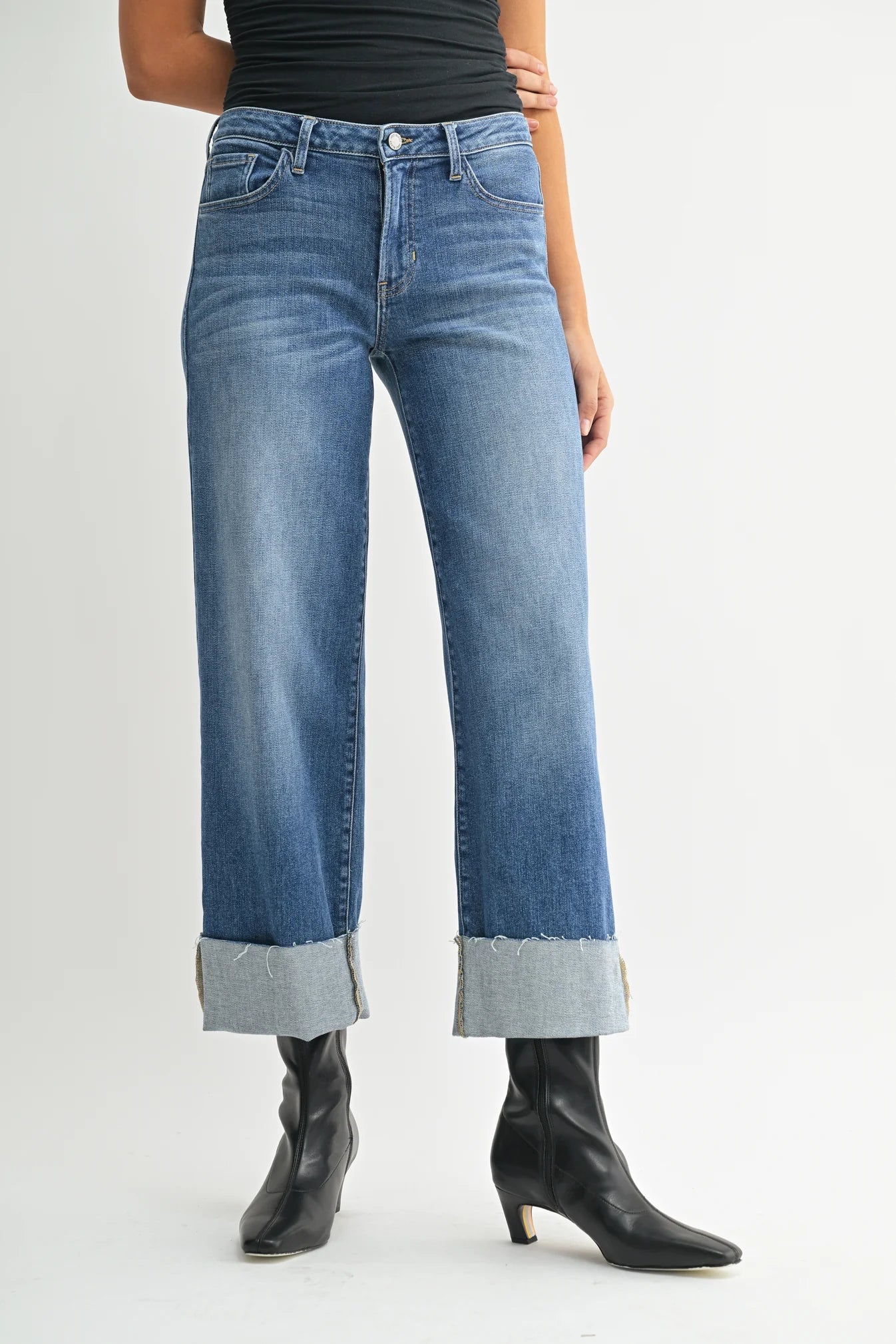 Scissor Cut Cuffed Slim Wide Leg Jeans Just Black Denim
