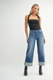 Scissor Cut Cuffed Slim Wide Leg Jeans Just Black Denim