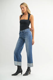 Scissor Cut Cuffed Slim Wide Leg Jeans Just Black Denim