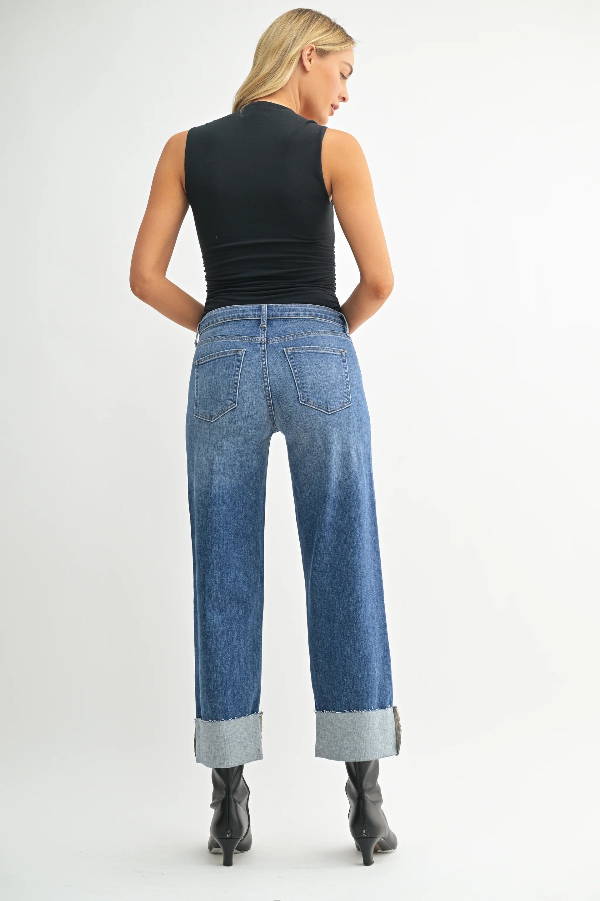 Scissor Cut Cuffed Slim Wide Leg Jeans Just Black Denim