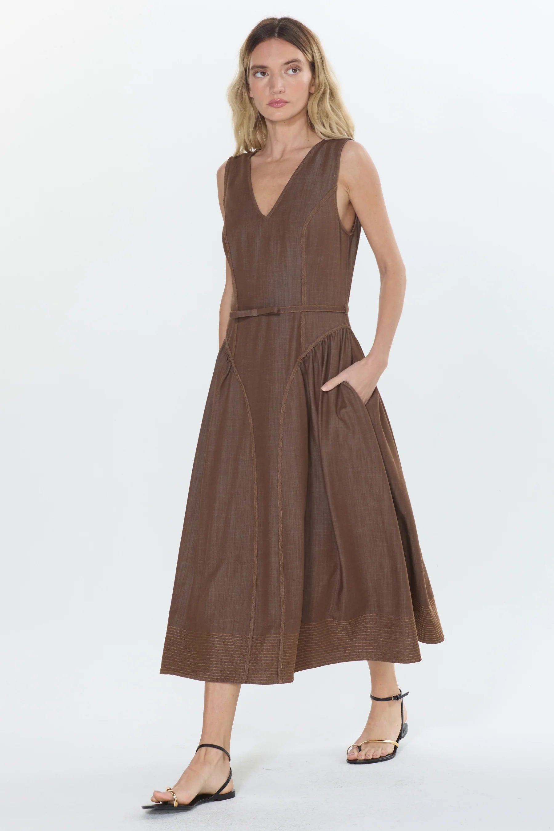 Bruni Topstitched Denim Effect Midi Dress Ciebon